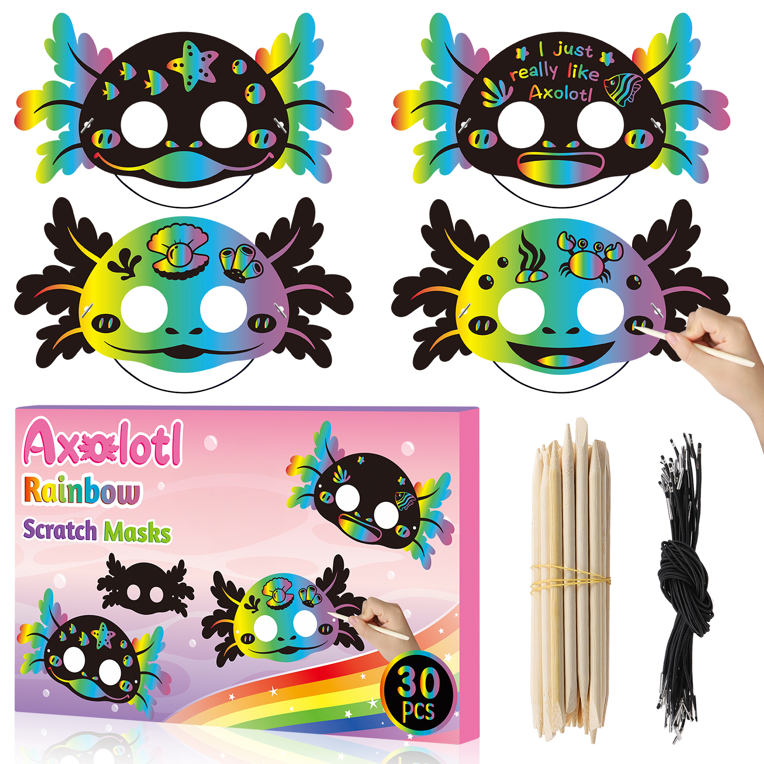 Art Craft Activity - 30 Pcs Axolotl Scratch Art Mask